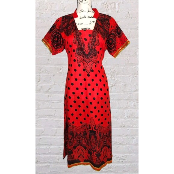 Womens Large African Wax Print Midi Dress | Red & Black | Side Slits Lined - Picture 1 of 9